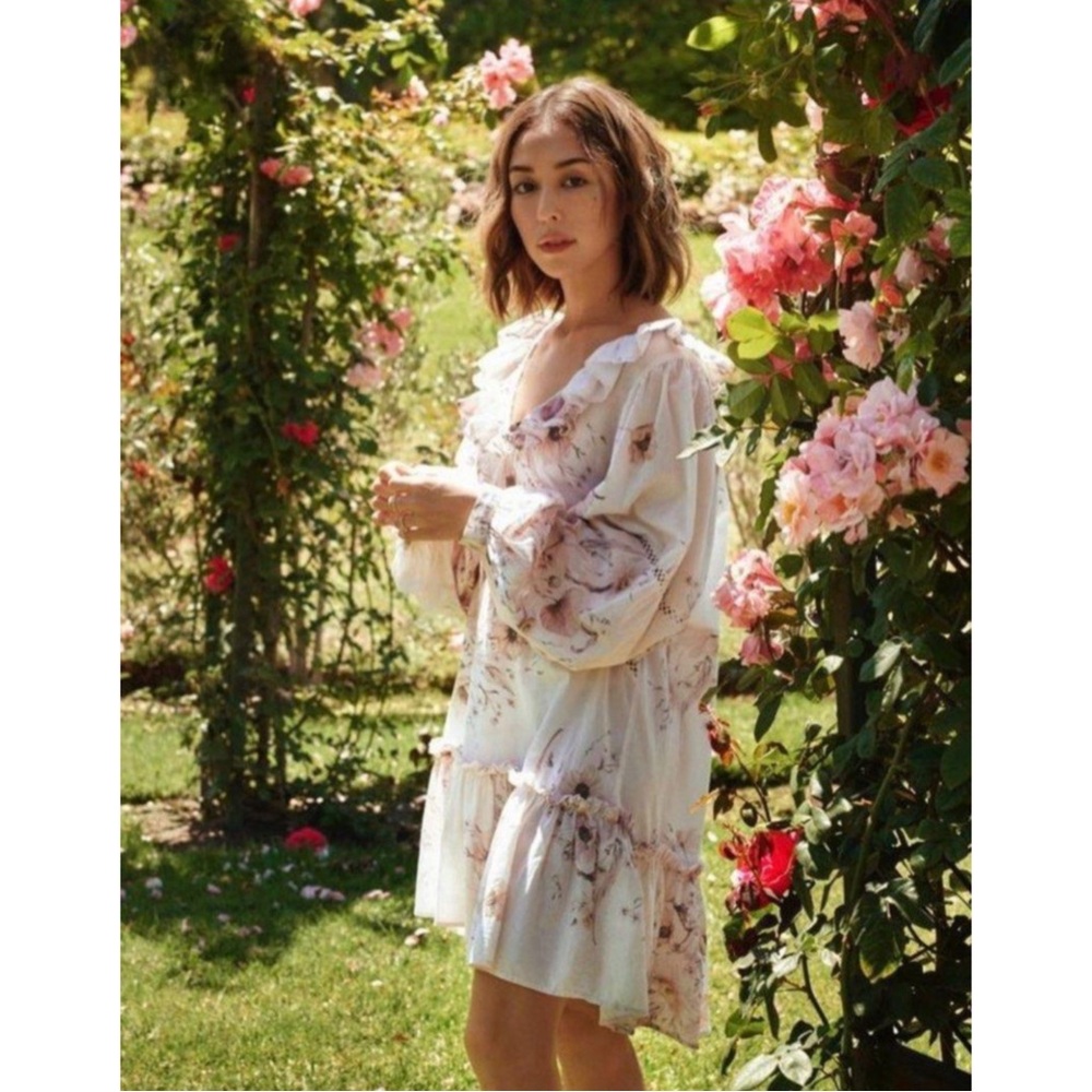 H&M CONSCIOUS BLOGGER FAVE White & Lilac Pink Floral Ruffle Flounce Tunic Dress